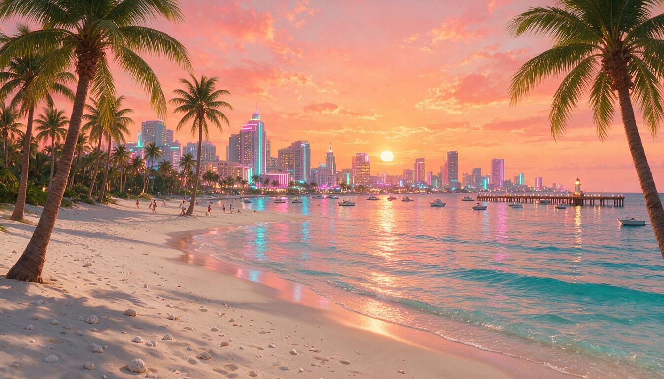 A neon beach city at sunset