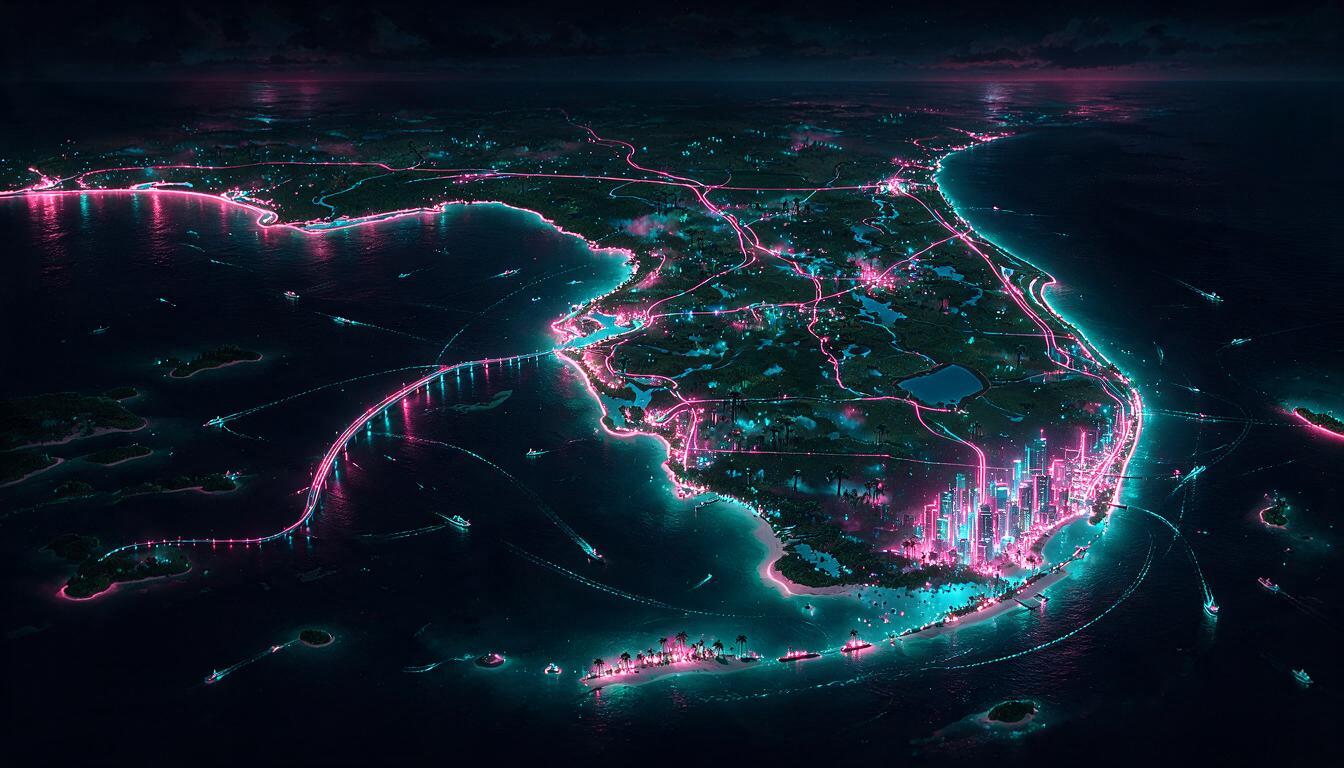 A stylized neon map of a Florida-inspired state