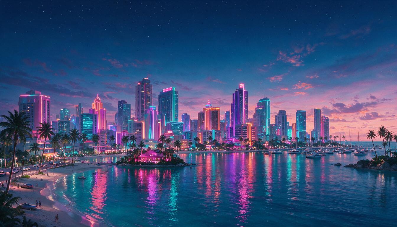A neon, Vice City style beach skyline at dusk