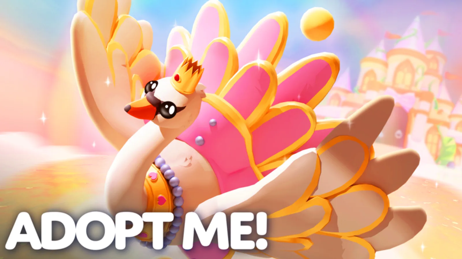 Official Adopt Me artwork of a crowned swan pet in pink and gold plumage in front of a pastel fairytale castle