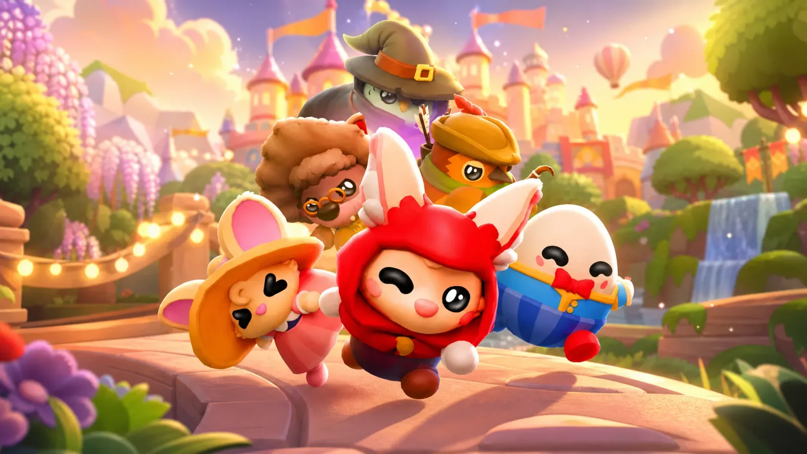 Several costumed Adopt Me pets from the Fairytale Egg lineup, including an egg shaped pet in blue overalls and a red hooded pet, in front of a fairytale castle
