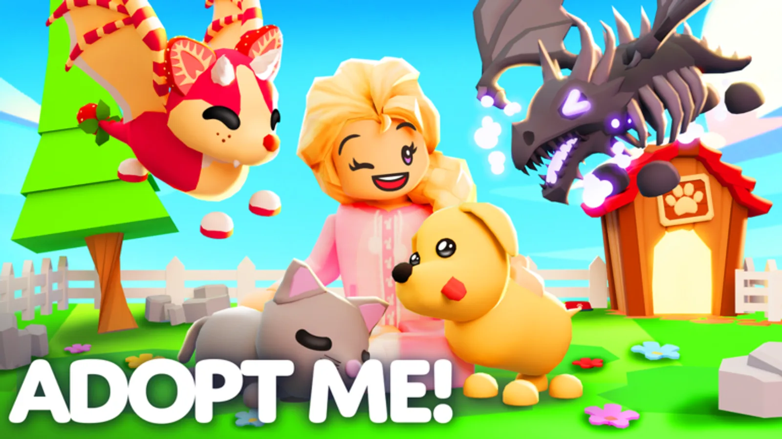 Official Adopt Me artwork of a player avatar with a fox, dog and cat pet on a lawn, with a flying dragon skeleton pet and a doghouse behind them