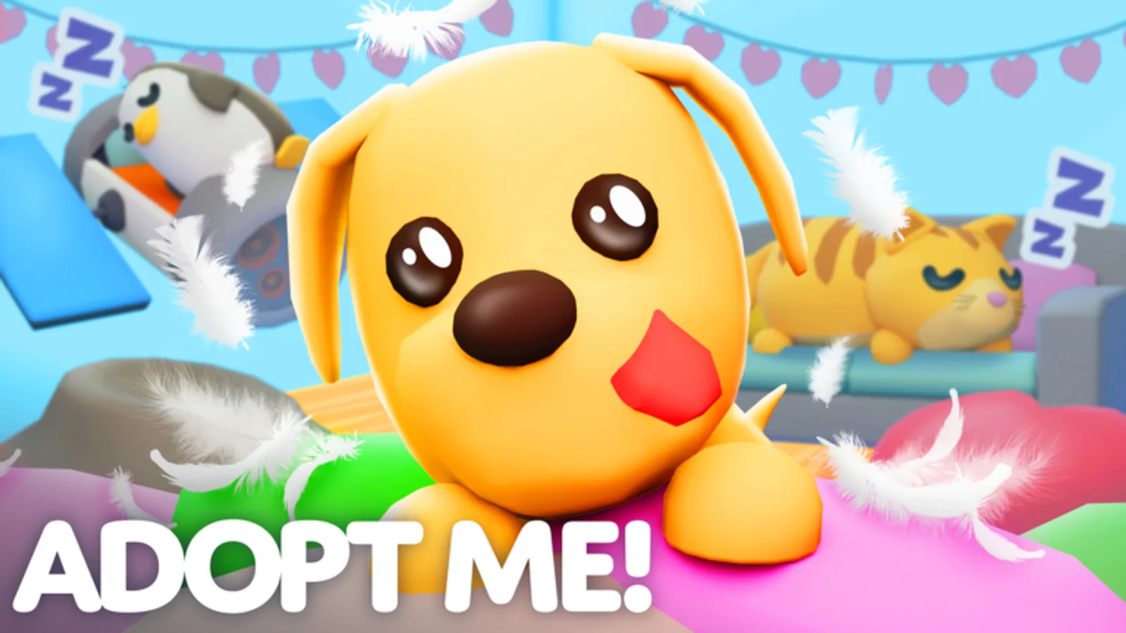 Official Adopt Me artwork of a dog pet surrounded by floating feathers next to a sleeping penguin and cat pet