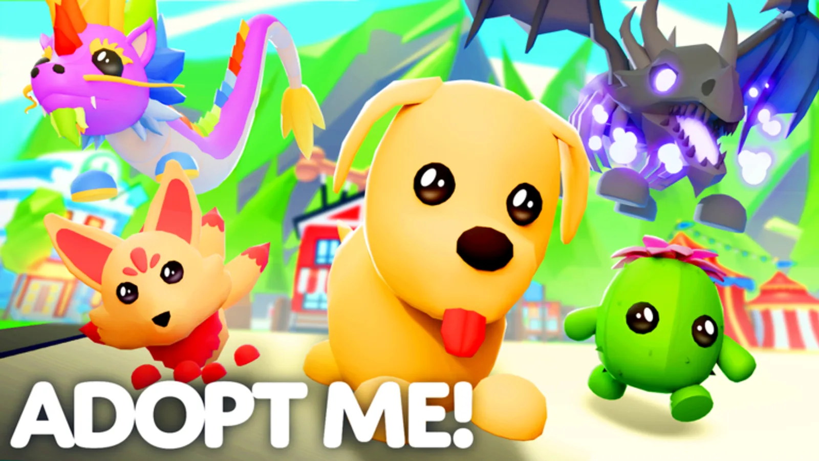 Official Adopt Me artwork of a sleeping yellow dog pet lying in grass with flowers