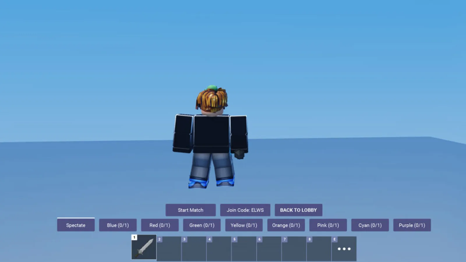 The BedWars Custom Matches menu showing a Start Match button and a Join Code reading ELWS