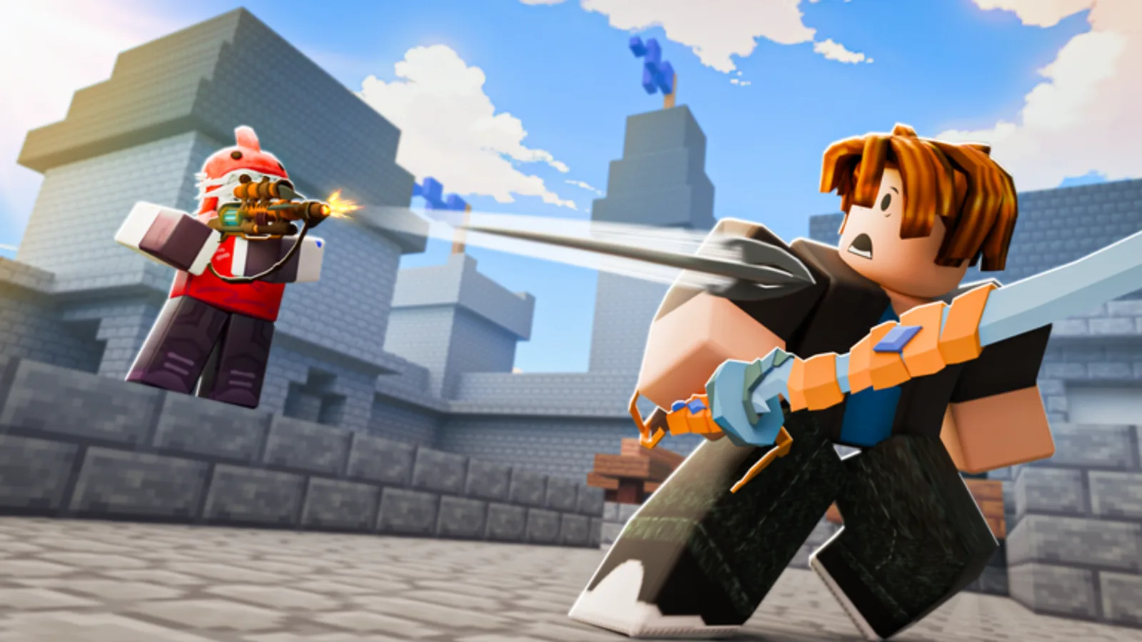 Two Roblox BedWars characters fighting near a stone base, one firing a blaster at the other