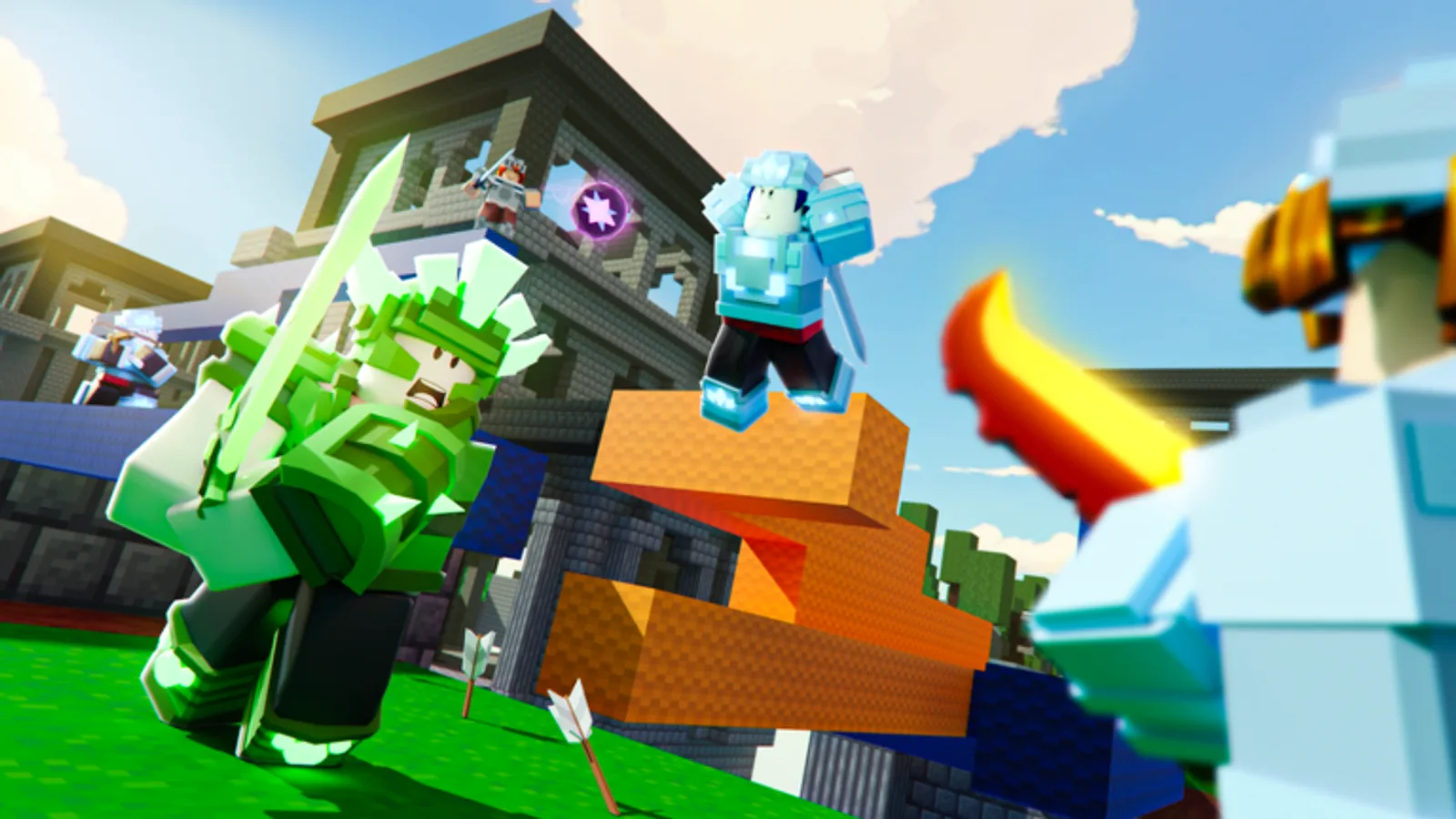 Multiple Roblox BedWars characters fighting on a wooden bridge above a castle base