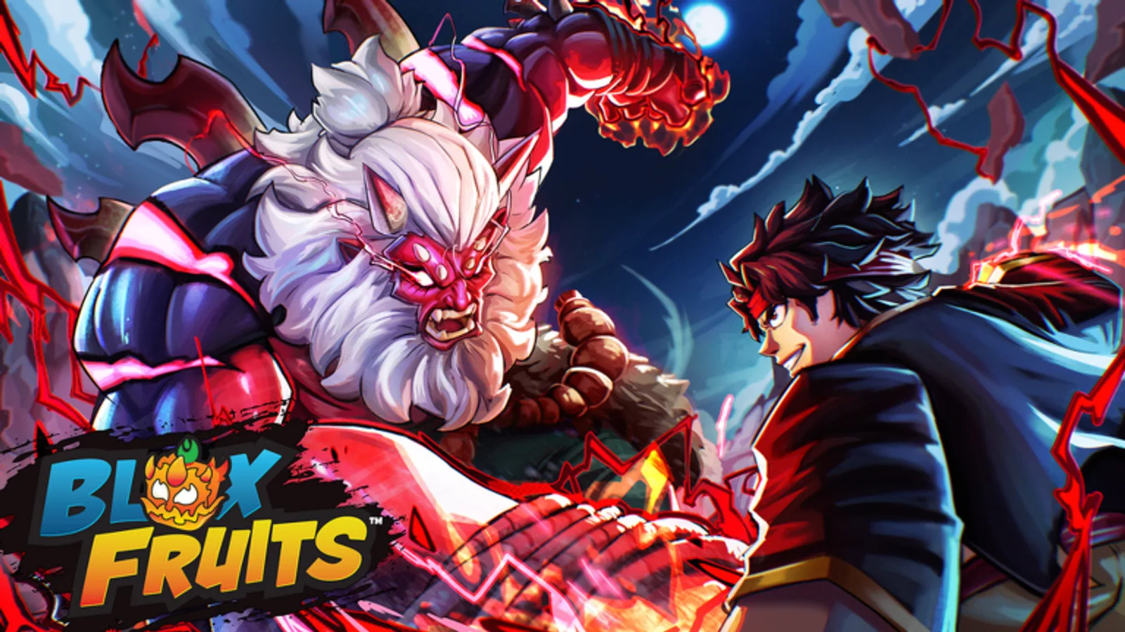 Official Blox Fruits key art of a player facing a towering white-furred demon boss with a flaming fist at night