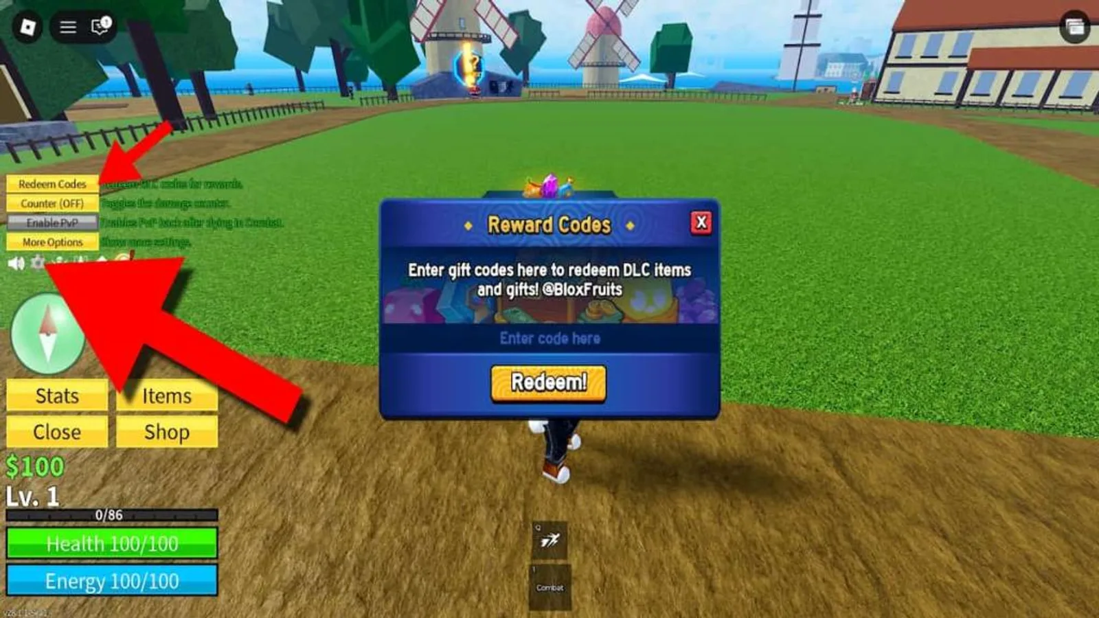 In-game Blox Fruits menu open to the Reward Codes box, with a red arrow pointing at the Redeem Codes button and the code entry field