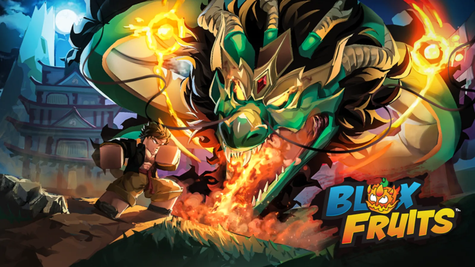 Official Blox Fruits key art of a player facing a roaring green dragon boss in front of a moonlit temple