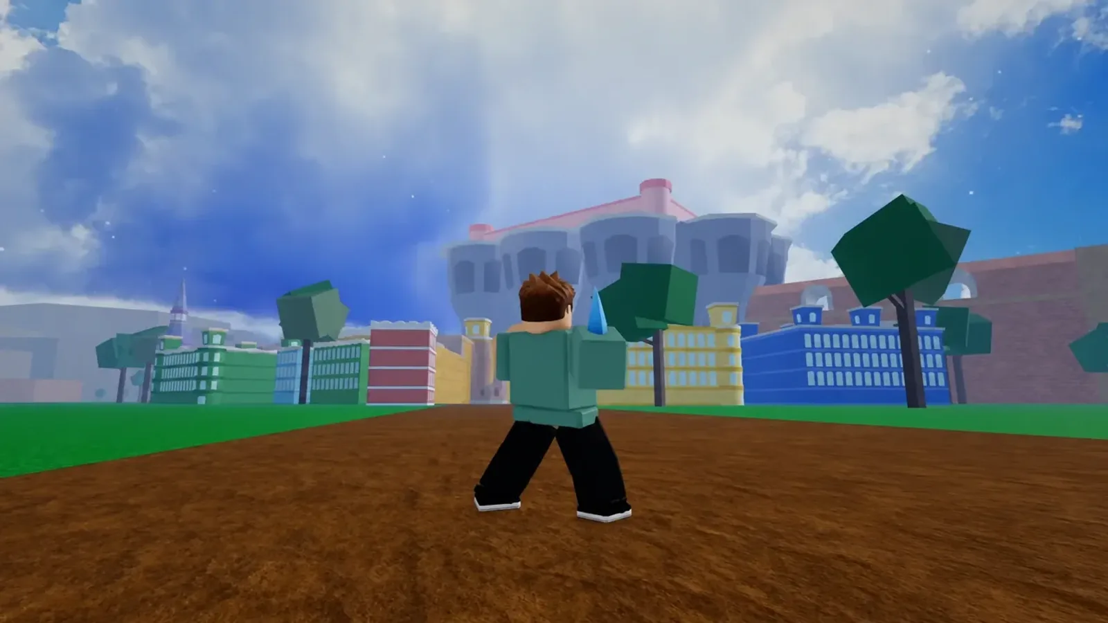 In-game screenshot of a reworked First Sea town with pastel colored buildings in Blox Fruits Update 30