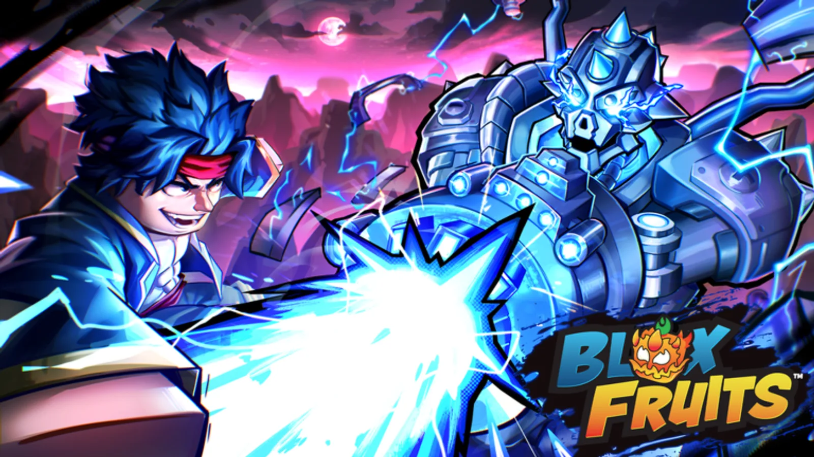 Official Blox Fruits promotional artwork of a character firing an attack at the Magnet Fruit's armored mech form