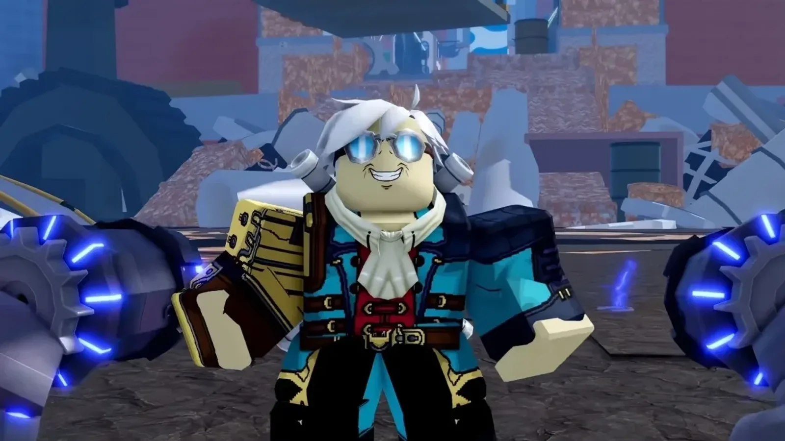 In-game screenshot of a Blox Fruits character with glowing blue scrap metal gauntlets from the Magnet Fruit