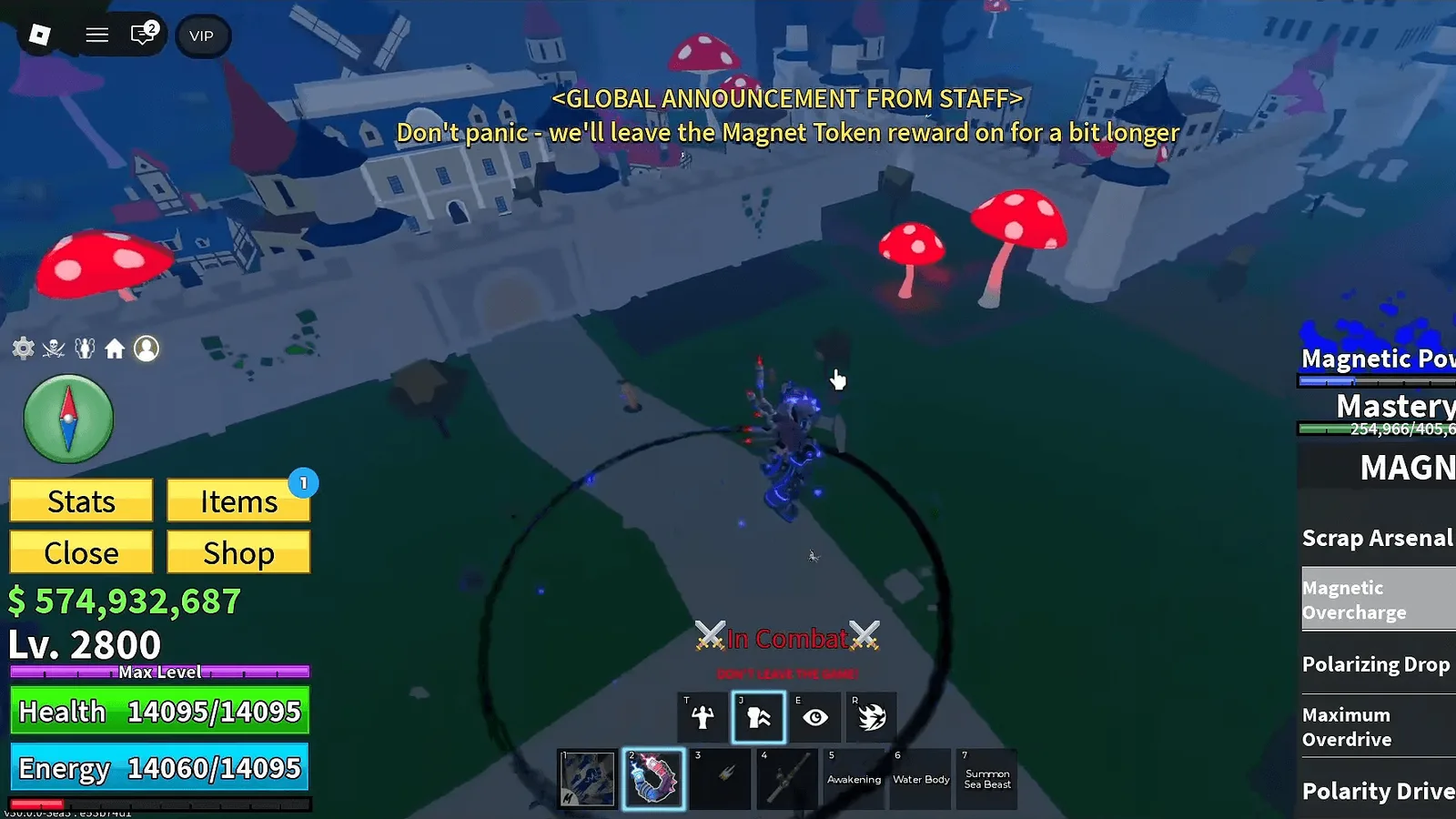 In-game HUD screenshot showing the Magnet moveset panel with Scrap Arsenal, Magnetic Overcharge, Polarizing Drop, Maximum Overdrive and Polarity Drive abilities listed
