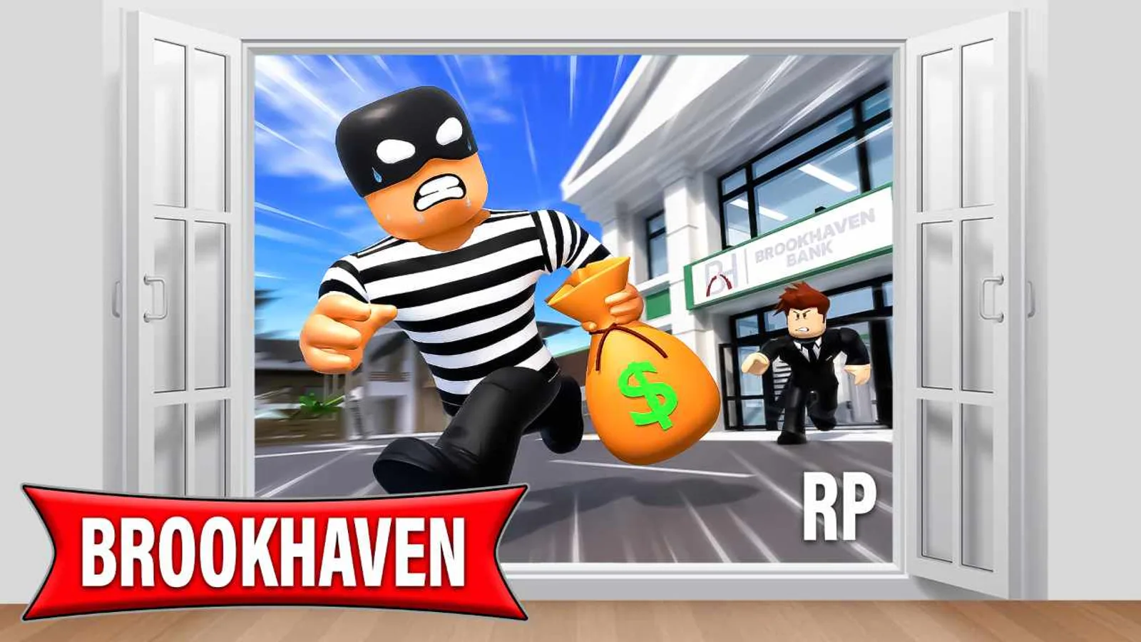 Official Brookhaven RP art for the bank update, showing a masked robber fleeing a stickup at the Brookhaven Bank branch