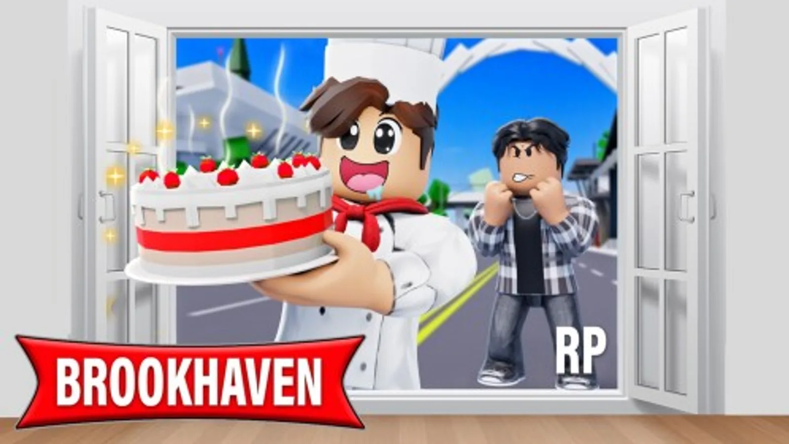 Official Brookhaven RP thumbnail showing a chef character holding a cake next to another player, with the game's red BROOKHAVEN logo