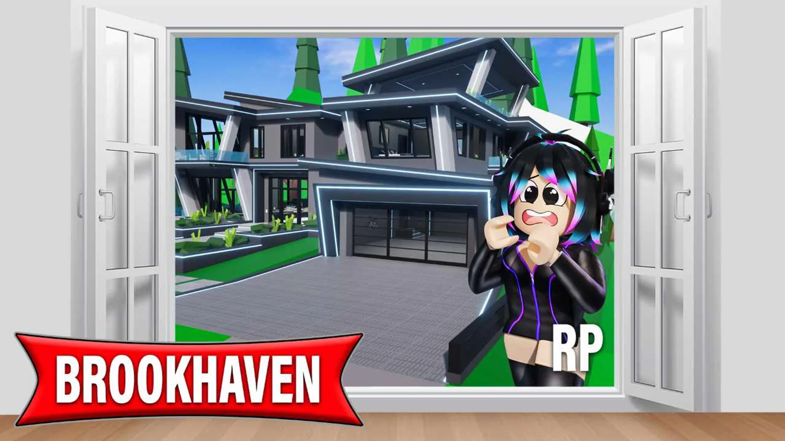 Brookhaven RP promotional art showing a large modern mansion with a player character in the foreground