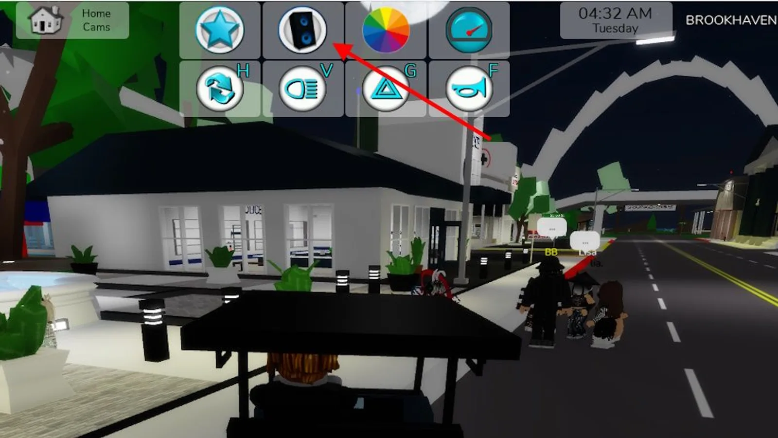The music icon in Brookhaven RP's vehicle HUD menu, highlighted with a red arrow, next to the exit ramp near the police station
