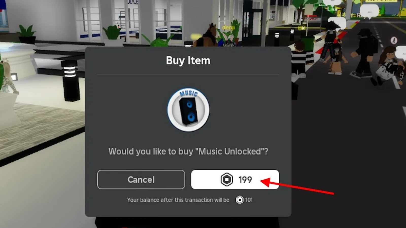 The Music Unlocked game pass purchase screen in Brookhaven RP, priced at 199 Robux