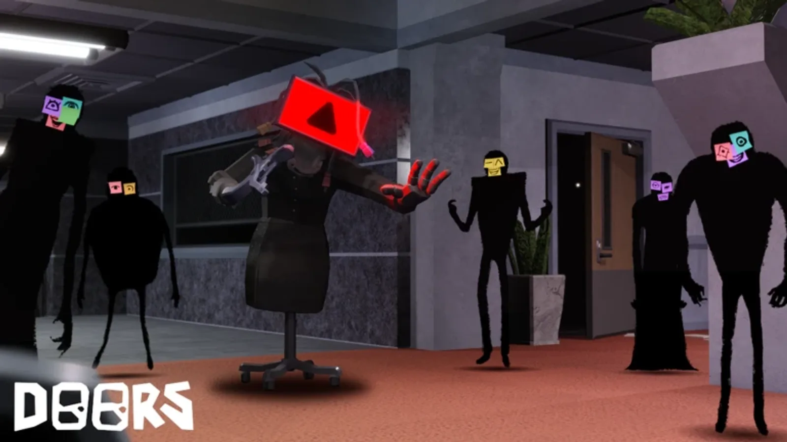 Official Doors thumbnail art showing pastel-masked Rush entities and a screamer entity with a glowing red head reaching toward the camera in a grey office hallway