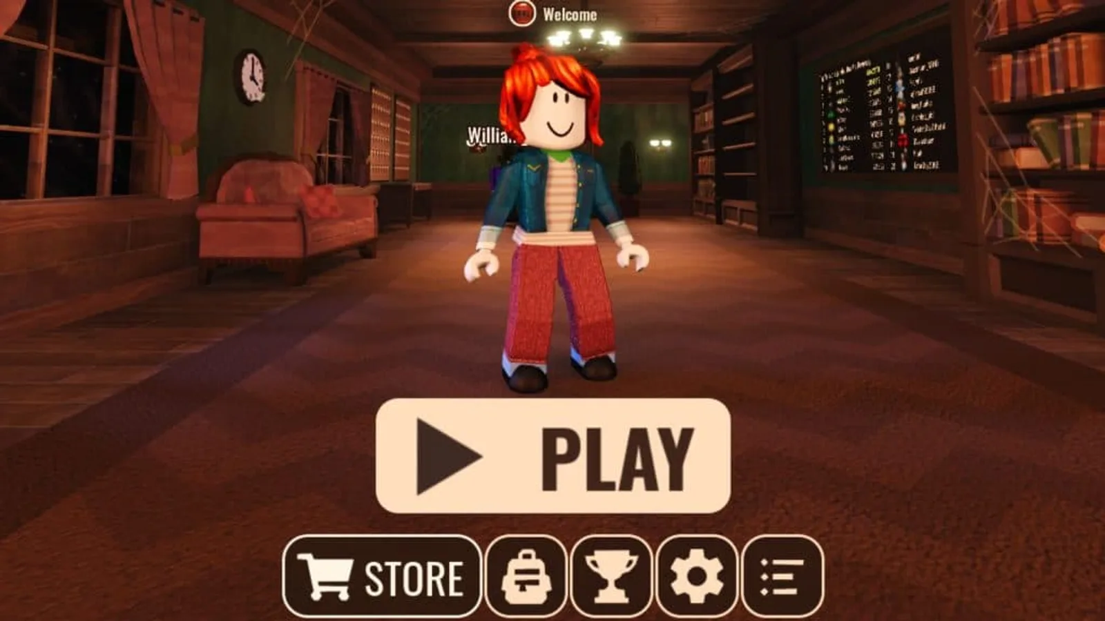 A player's avatar standing in Doors' main menu lobby in front of the Play and Store buttons