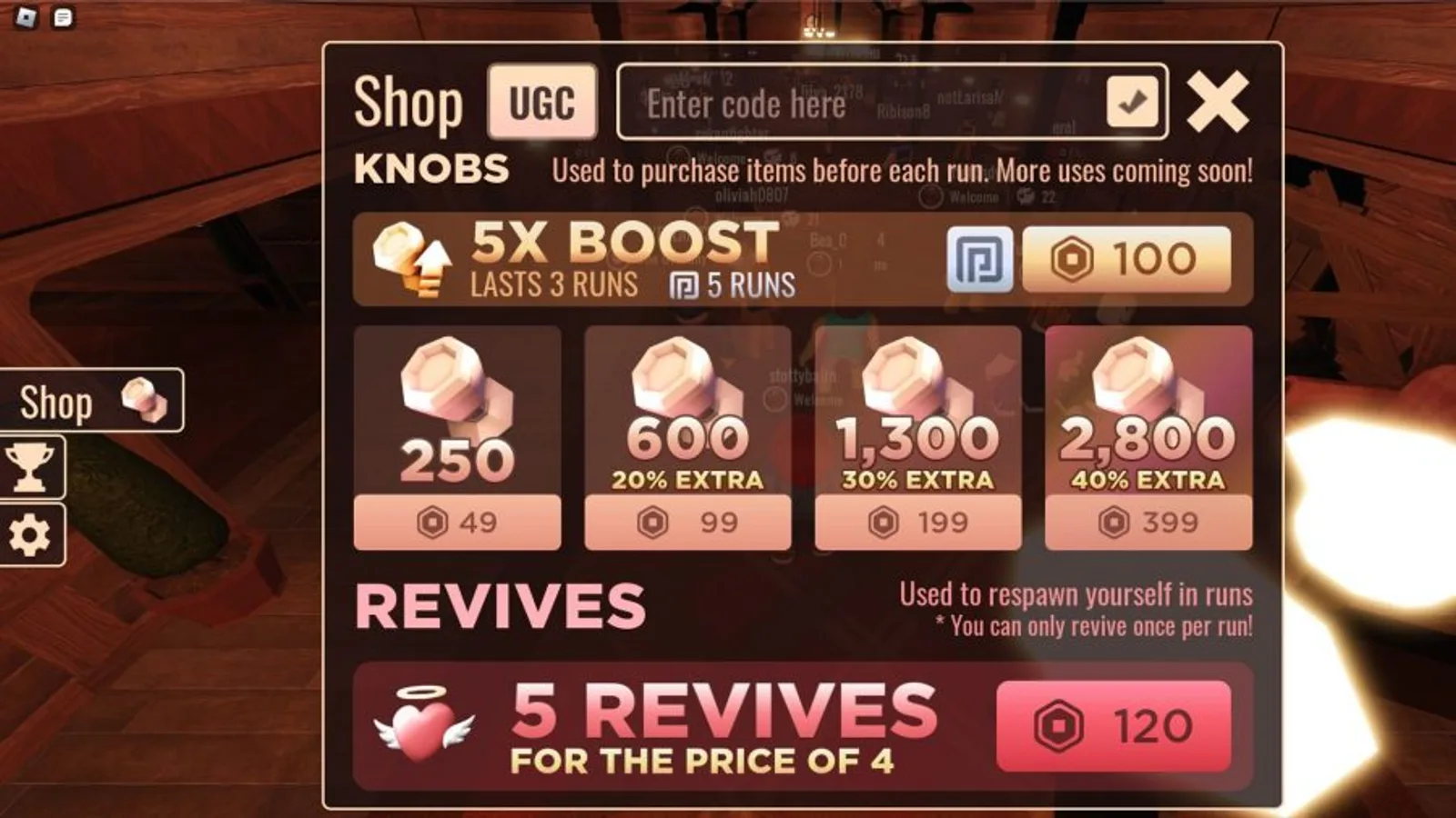 The Doors shop panel with an Enter code here redemption box at top and Knobs bundles and Revives for sale below