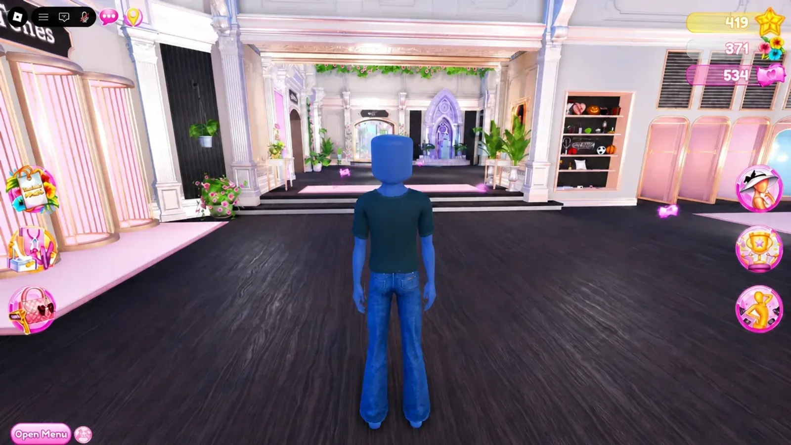 A Dress to Impress server lobby and runway, with the Open Menu button in the bottom-left corner