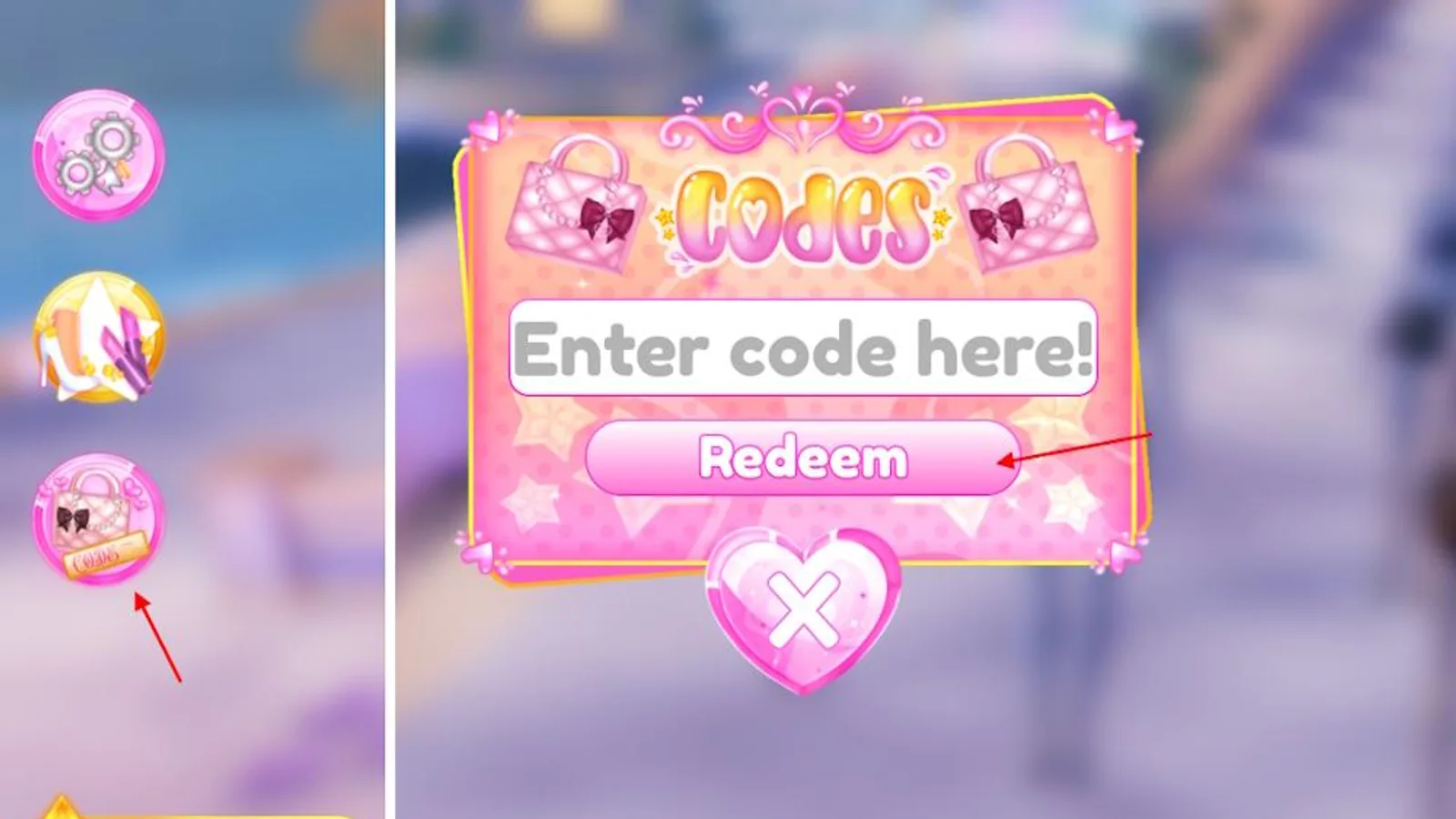 The Codes menu in Dress to Impress, showing an 'Enter code here!' text box and a Redeem button