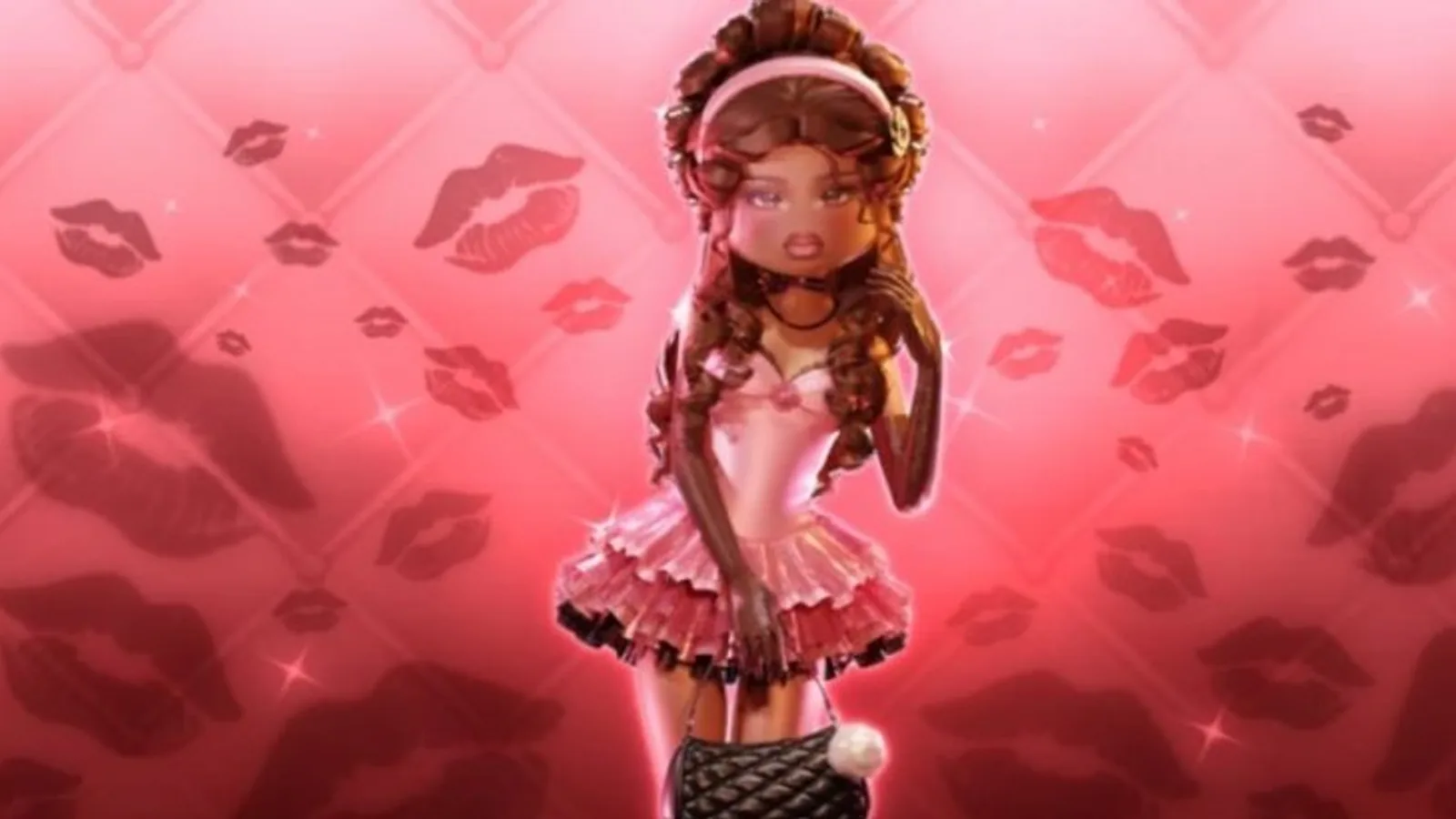 A dressed Dress to Impress character posed against a pink kiss-print backdrop, via PocketGamer