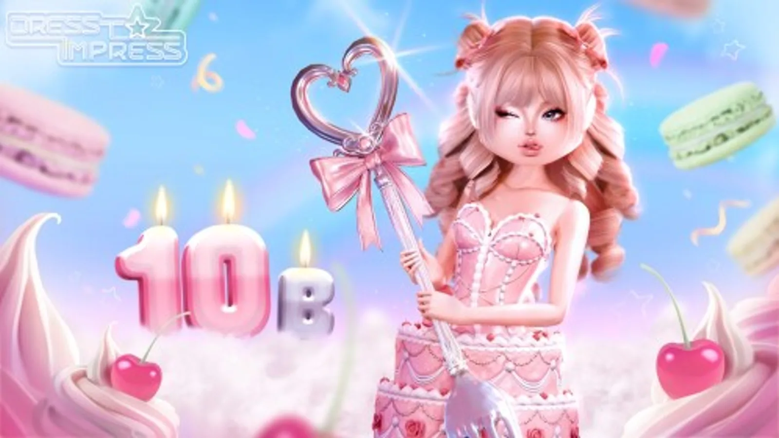 Dress to Impress's official Roblox thumbnail, showing a character in a tiered cake dress holding a heart-shaped wand beside glowing '10B' candles and floating macarons