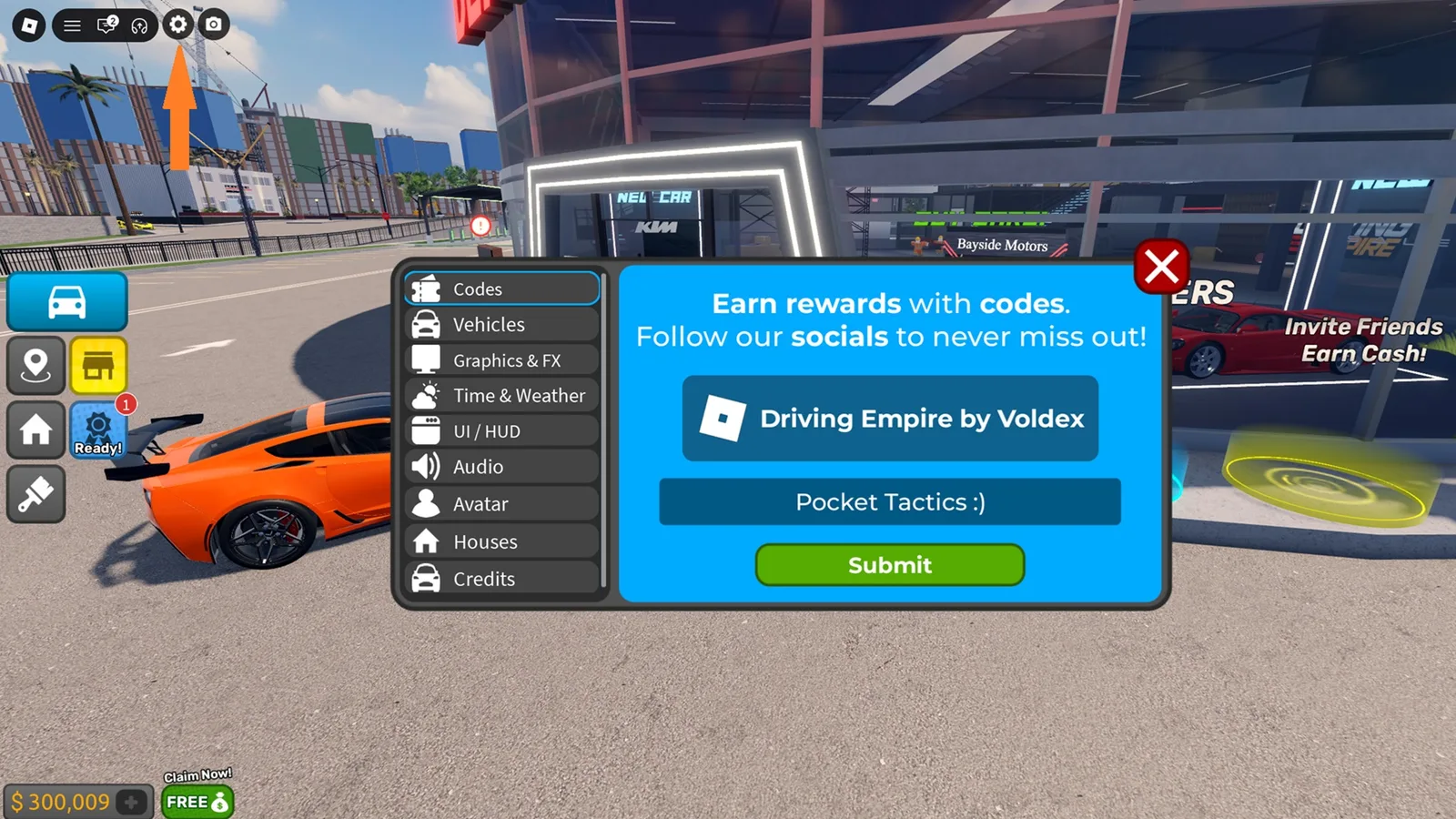 The Driving Empire settings menu open on the Codes tab, showing the code redemption panel with a green Submit button