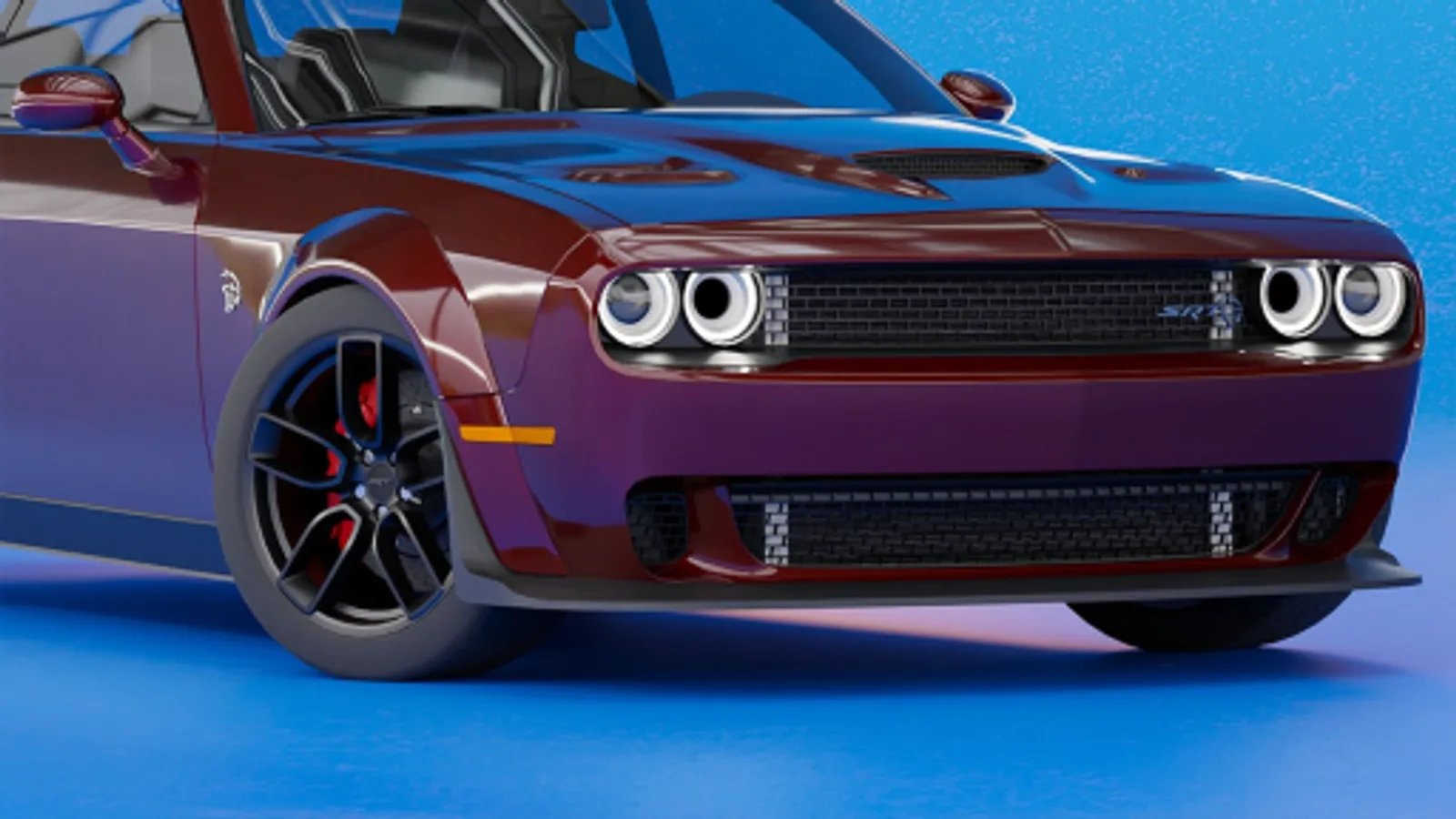 A dark red Dodge Challenger SRT muscle car featured in Driving Empire's current Roblox listing icon