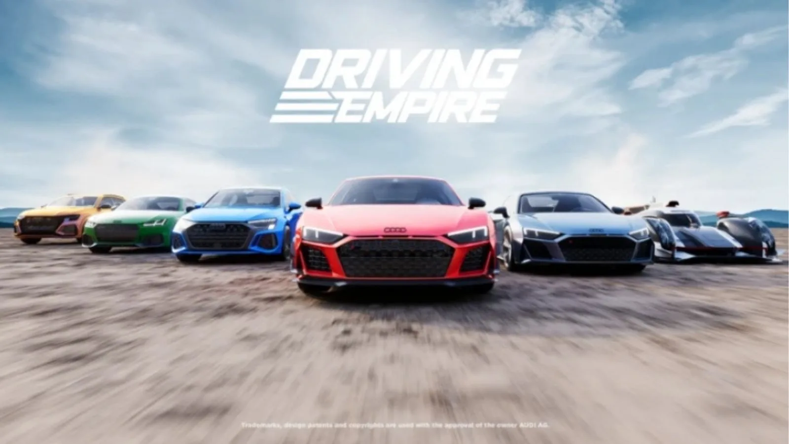 Six Audi models, including a red R8 and a black LMDh-style race car, lined up under the Driving Empire logo