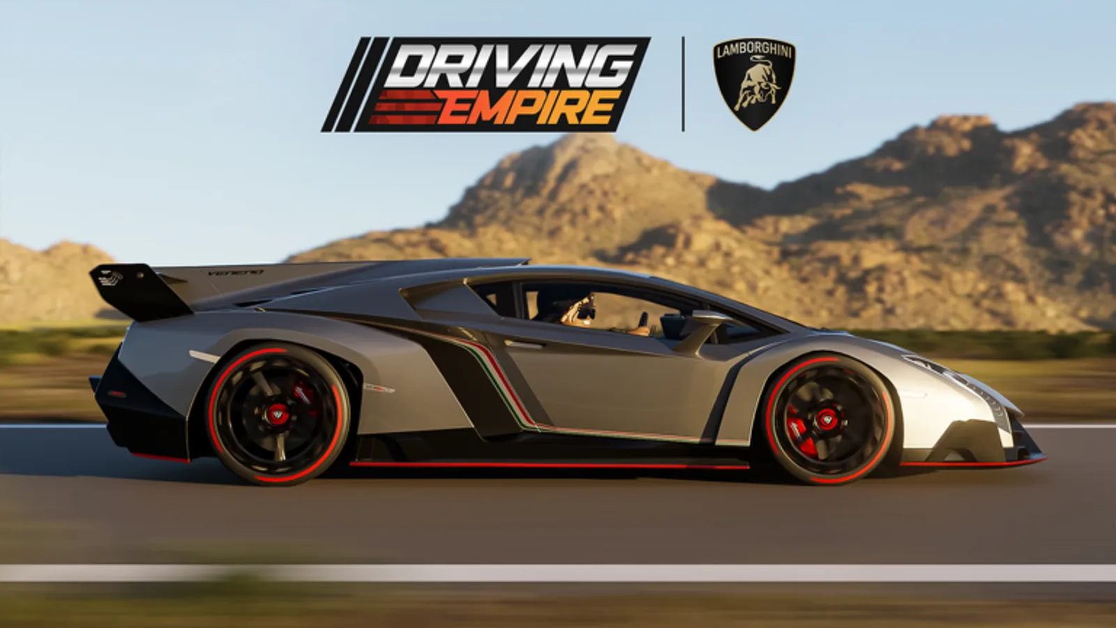 A silver Lamborghini Veneno racing along a desert road in Driving Empire, next to the Driving Empire and Lamborghini logos