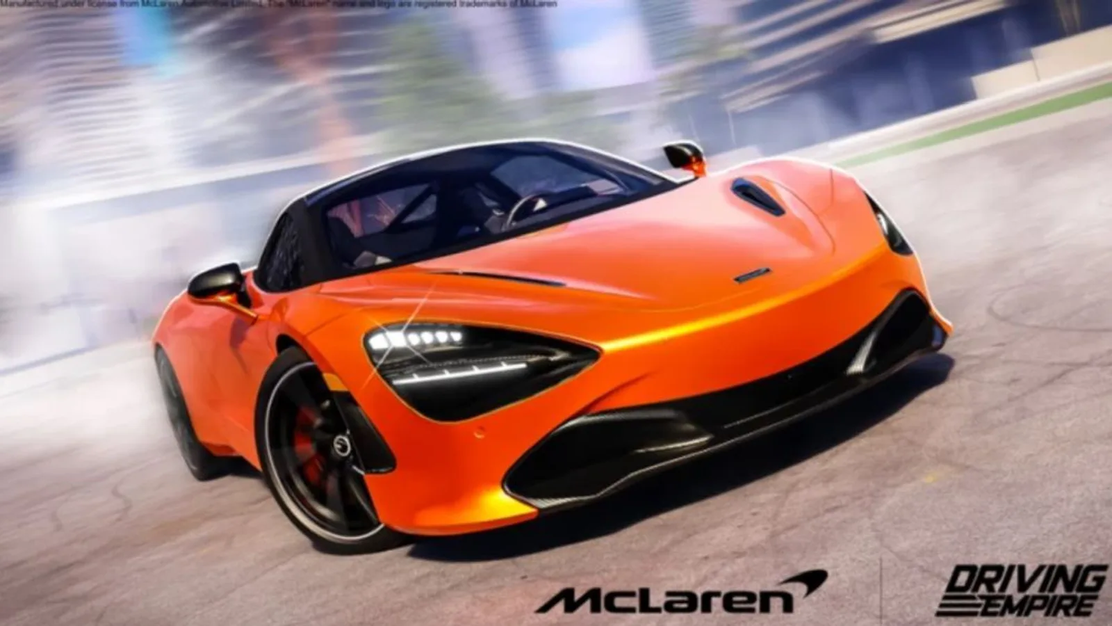 An orange McLaren 720S drifting on a track in Driving Empire, shown beside the McLaren and Driving Empire logos