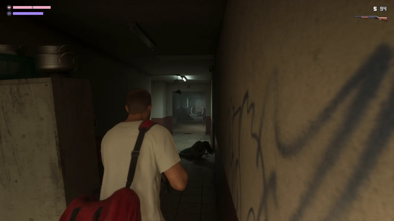 Jason moving through a dim corridor in GTA 6 with the HUD visible