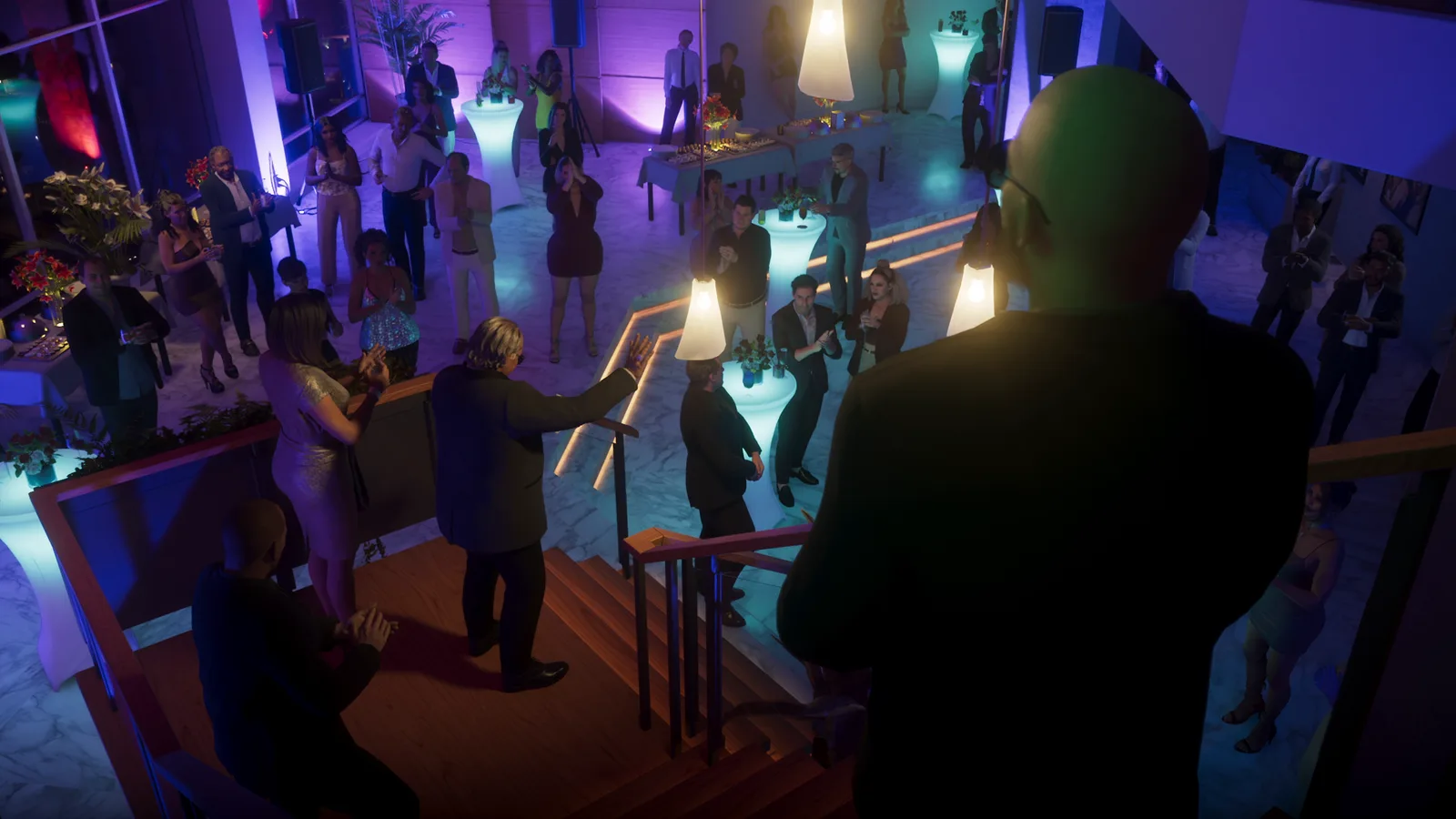 A crowded night party scene in GTA 6 seen from a staircase