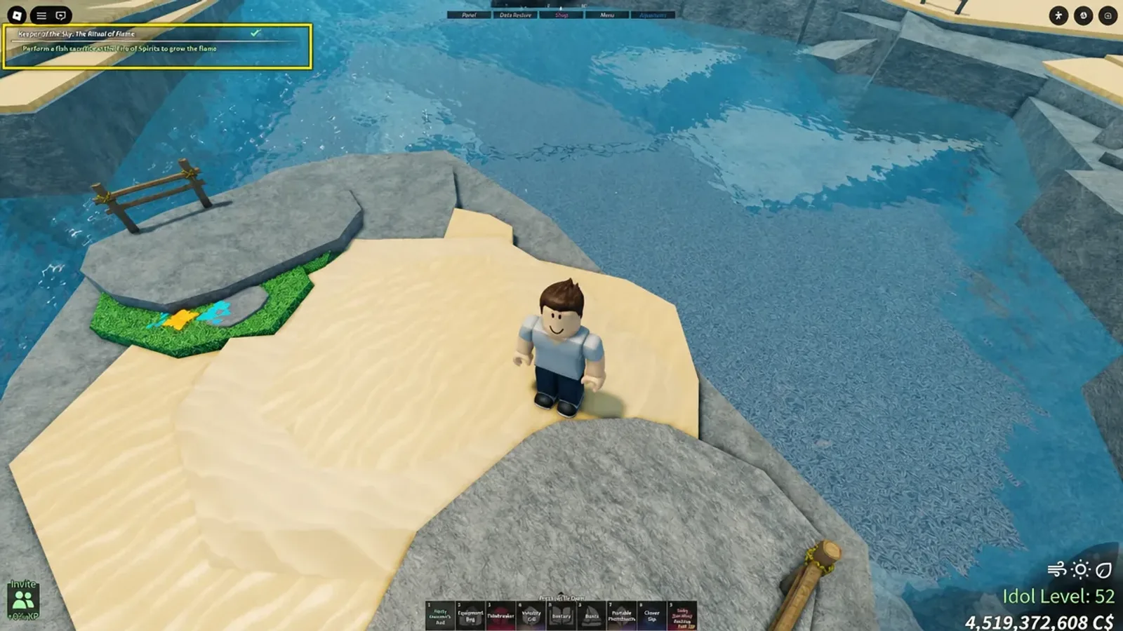 A Skycrest quest tracker for The Ritual of Flame, instructing the player to perform a fish sacrifice at the Fire of Spirits