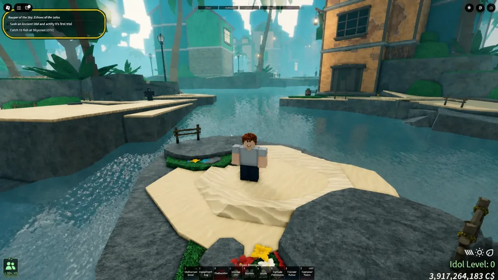 A canal-side plaza on Skycrest in Fisch, with a Keeper of the Sky quest tracker open in the corner