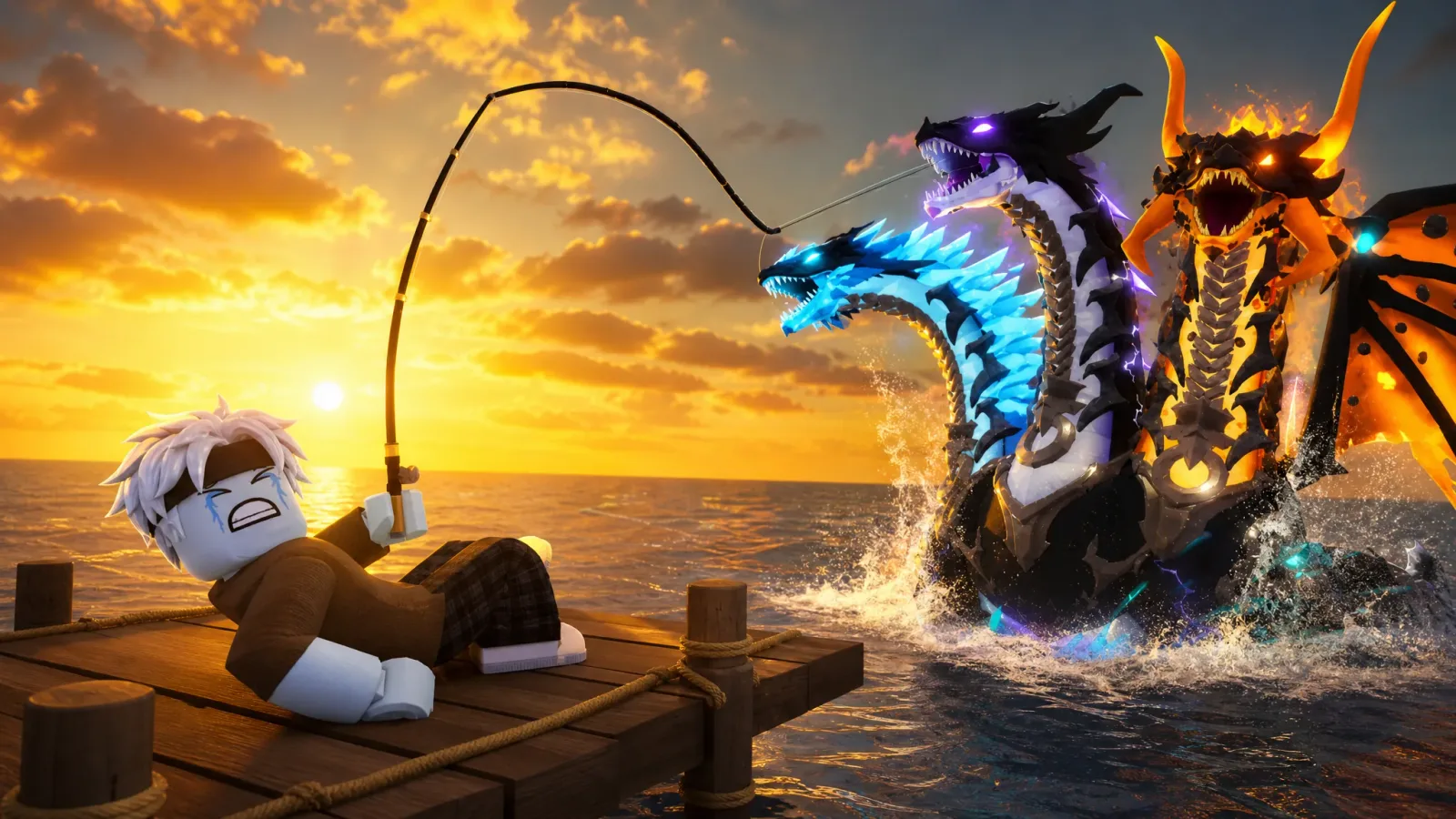 Artwork for Fish It's Elemental Expansion update showing a Roblox angler reeling in a massive three-headed sea creature at sunset