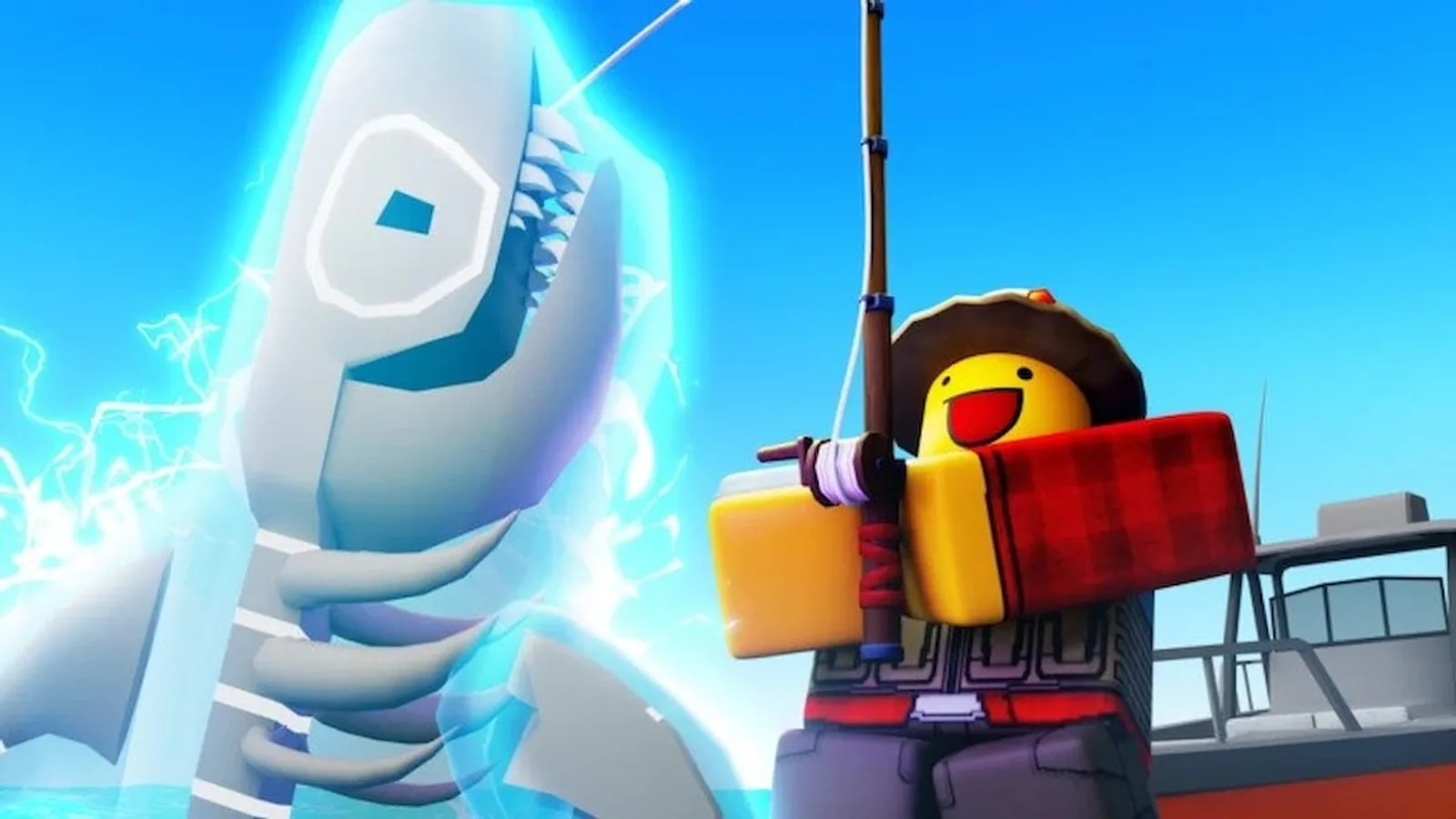 Official Fish It artwork of a Roblox angler on a boat reeling in a horned sea monster breaching the water