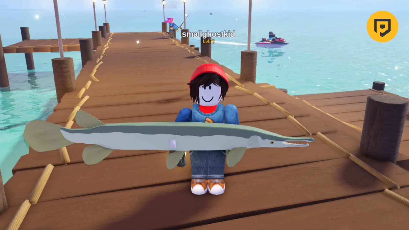 Roblox screenshot of a player holding a large Gar fish on a dock in Fish It, with other players visible along the boardwalk