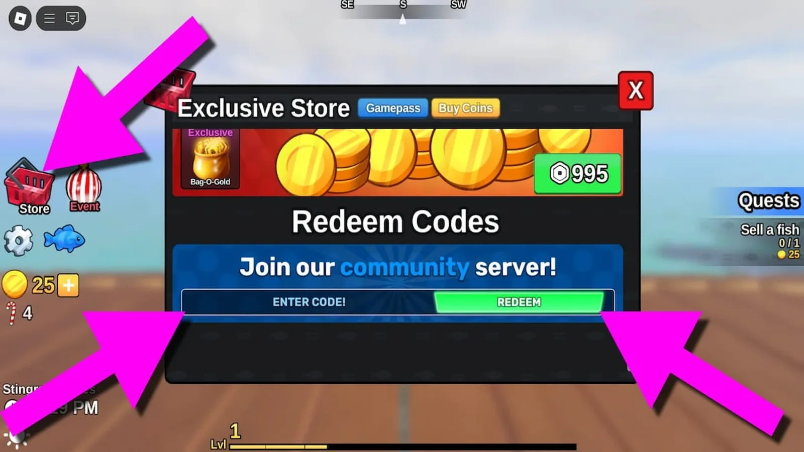 In-game Fish It screen with arrows pointing to the Store icon and the Redeem button inside the Exclusive Store code box