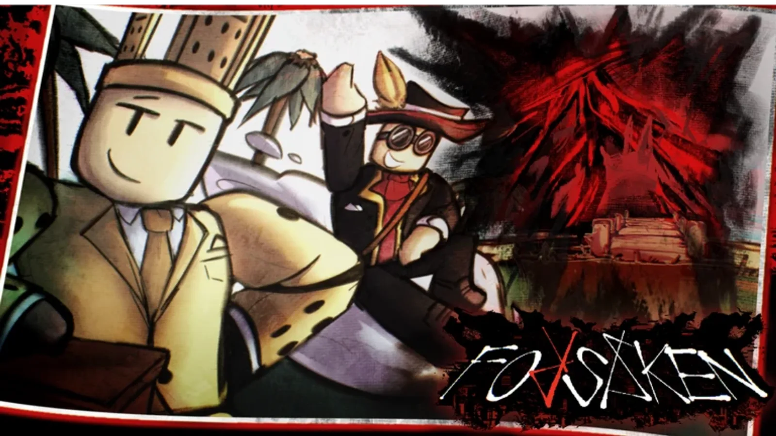 Official Forsaken thumbnail art of two Roblox survivor characters in front of a burning building at night