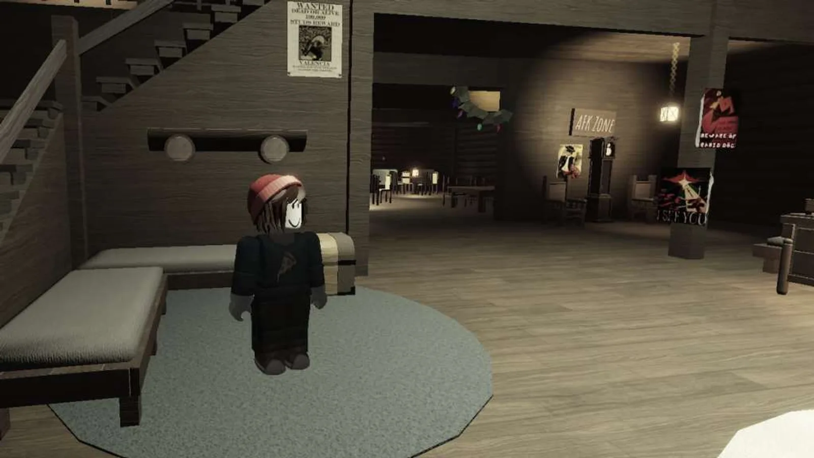 A Forsaken survivor character standing in a wooden lobby hallway with wanted posters and an AFK Zone sign