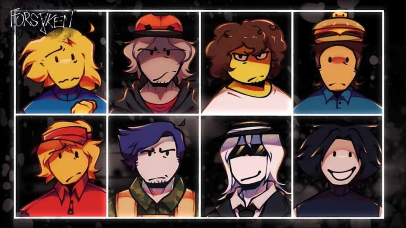 Official Forsaken artwork of the eight playable Survivor characters' portraits in a grid