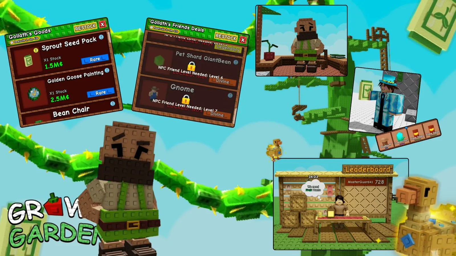 In-game screenshots of the Beanstalk Event 2026, showing Goliath's Goods shop, the Bean Chair item and a player climbing the beanstalk
