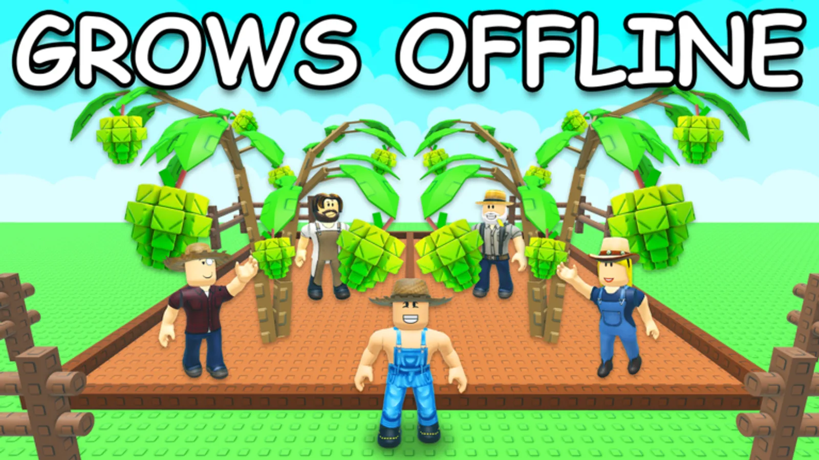 Official Grow a Garden artwork of five Roblox characters tending a fenced garden plot