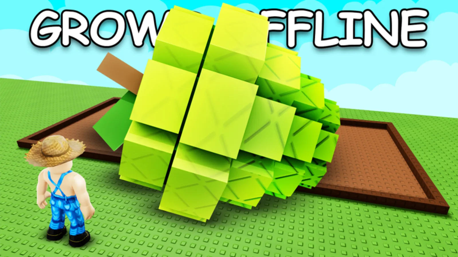 Official Grow a Garden thumbnail showing a Roblox farmer character beside an oversized crop