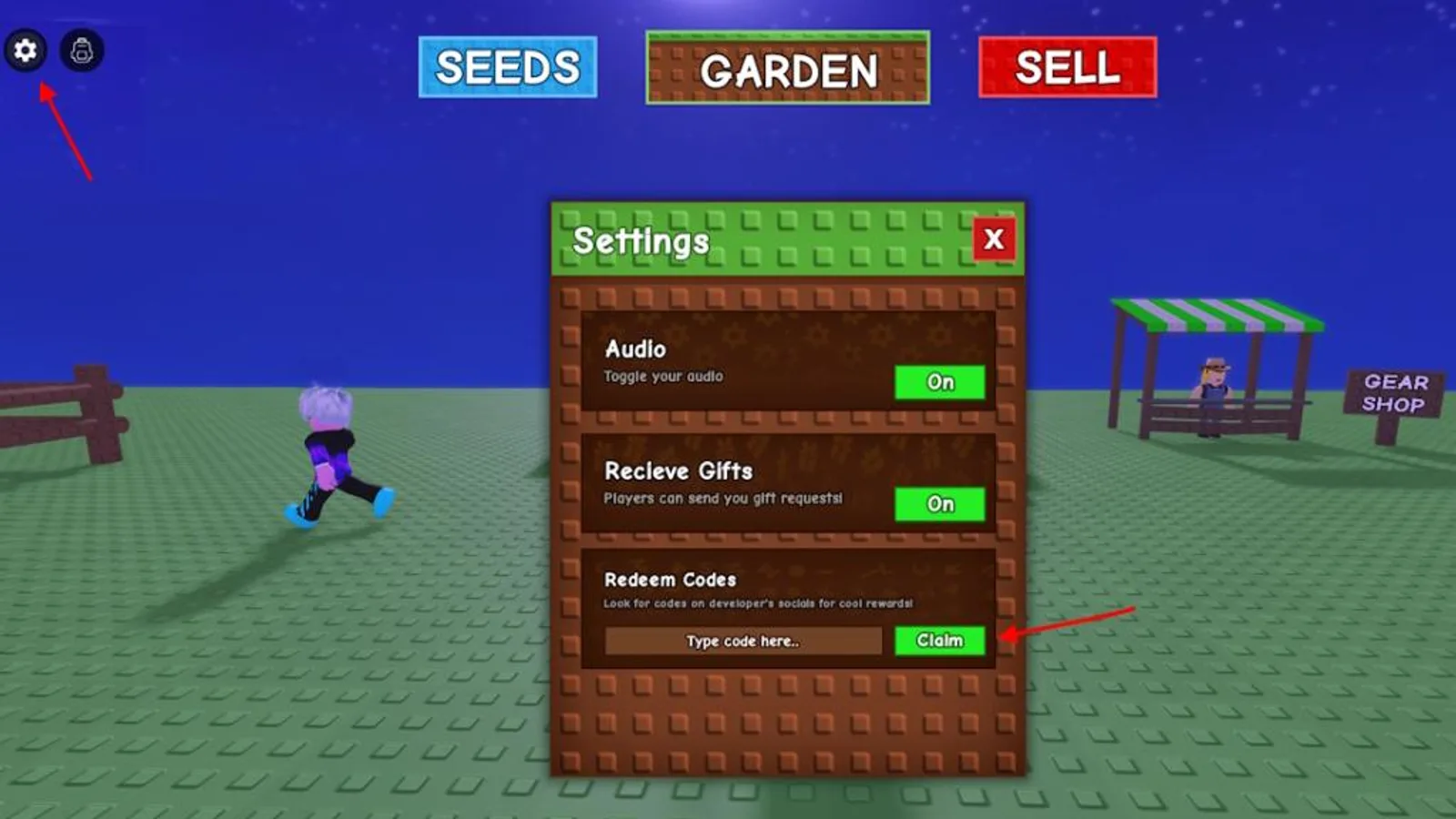 The Grow a Garden Settings menu with the Redeem Codes box and Claim button highlighted